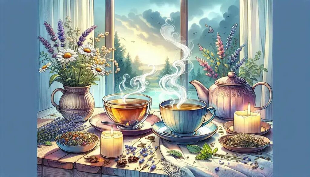 Ilustração de ritual do chá com xícaras fumegantes, flores calmantes e ambiente acolhedor