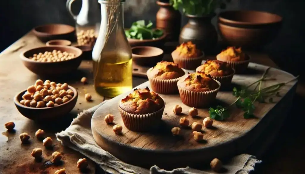 Bolinho funcional de grão-de-bico assado no forno sobre tábua de madeira