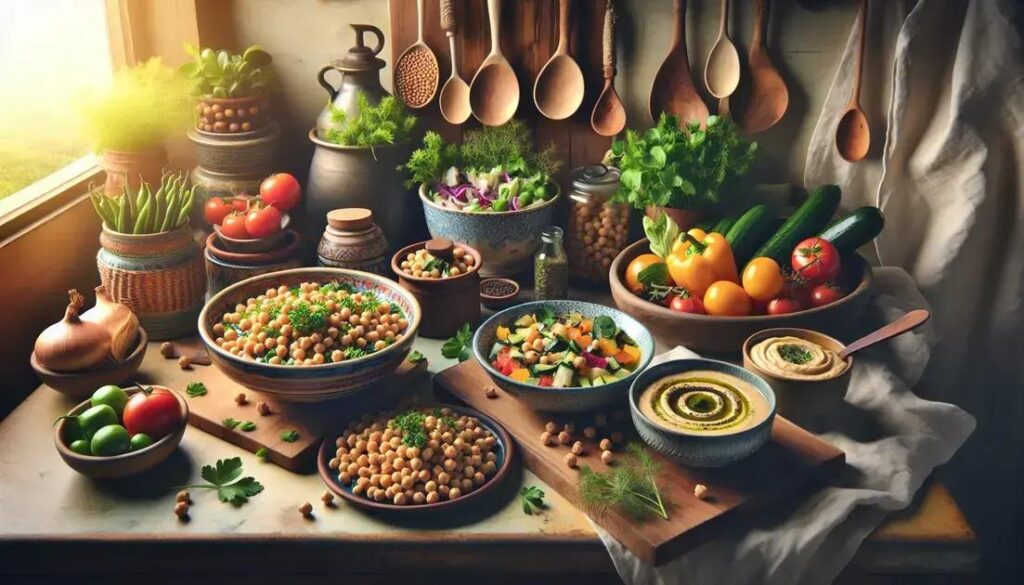 Bolinho de grão-de-bico funcional: ingredientes naturais com grão-de-bico organizados para preparo caseiro