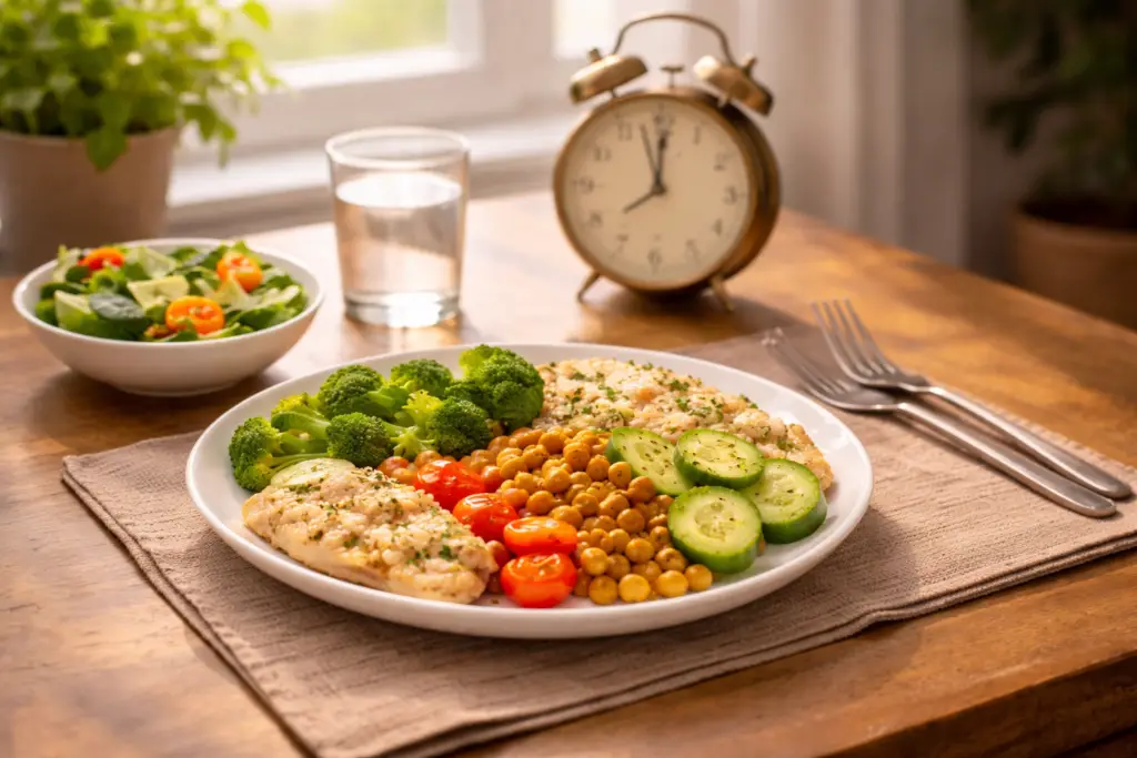 Horários e qualidade das refeições: prato equilibrado com legumes, grãos e verduras em mesa com relógio ao fundo representando regularidade das refeições