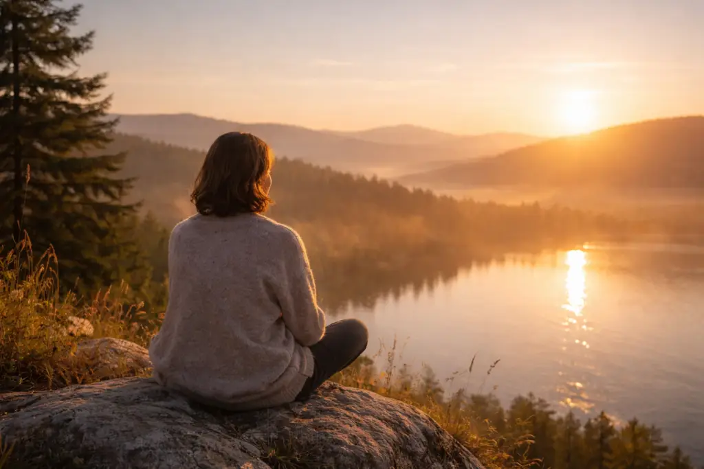 Autocuidado e autoestima: pessoa sentada contemplando o horizonte ao nascer do sol, simbolizando paz interior, autoestima e reconexão consigo mesma