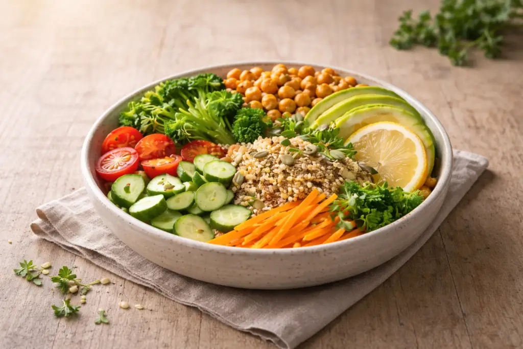 Prato base equilibrado com quinoa, legumes frescos e vegetais em bowl