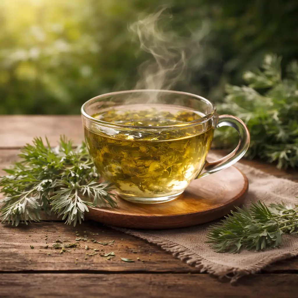 chá de losna em xícara com folhas naturais de artemisia absinthium