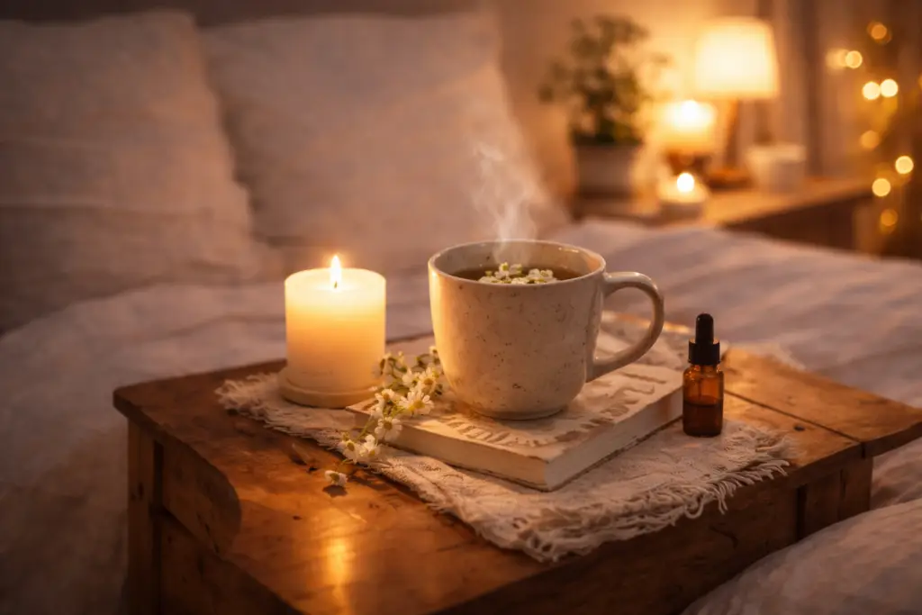 Rotina noturna: xícara de chá com vela acesa em mesa ao lado da cama, ambiente noturno calmo para rotina do sono