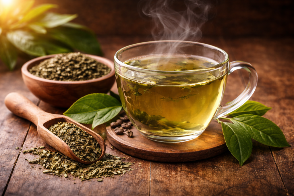 chá verde claro em xícara com vapor suave