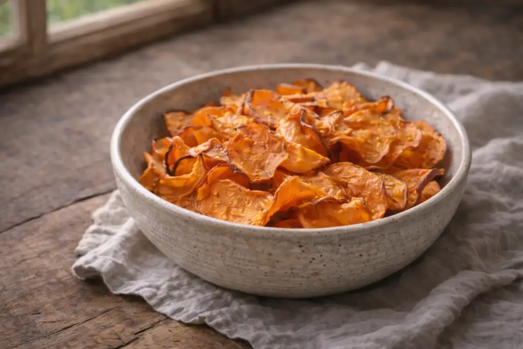 Chips de batata-doce assada servidos em tigela de cerâmica sobre mesa de madeira com luz natural