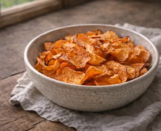Chips de batata-doce assada: um petisco crocante e consciente