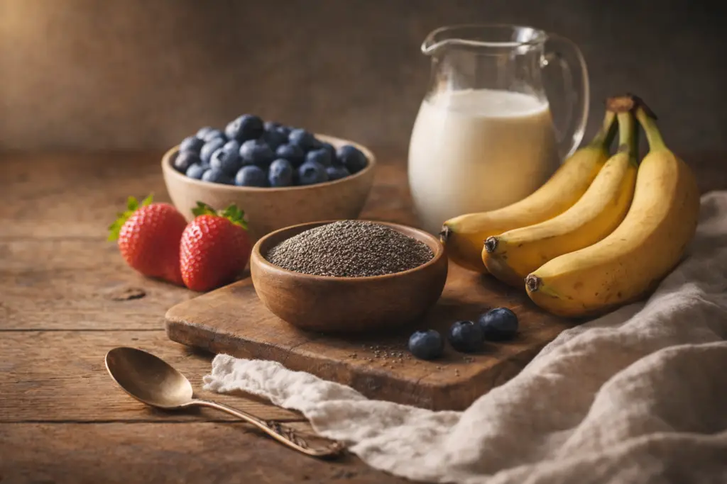 ingredientes para pudim de chia com frutas e leite vegetal sobre mesa de madeira