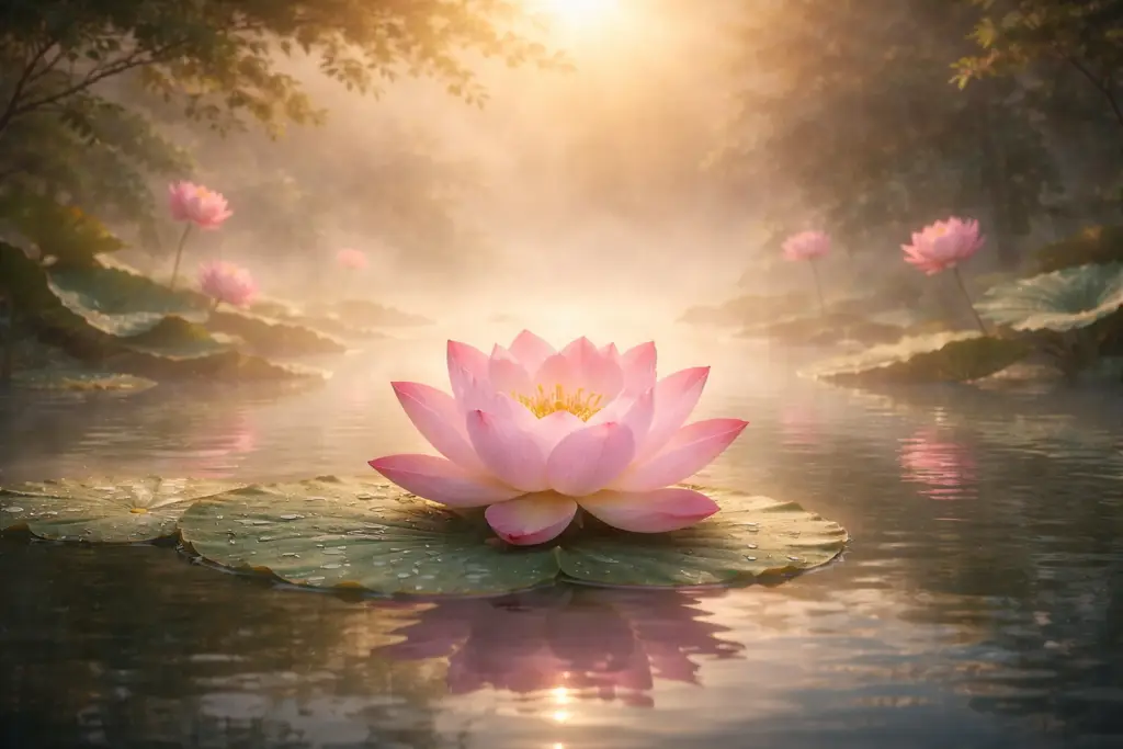 Flor de lótus em lago ao amanhecer com luz dourada suave e atmosfera contemplativa