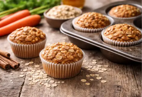 Muffin funcional de cenoura e aveia recém-assado sobre mesa rústica