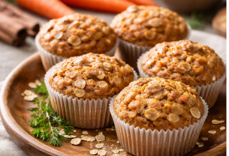 Muffin funcional de cenoura e aveia servido como lanche saudável
