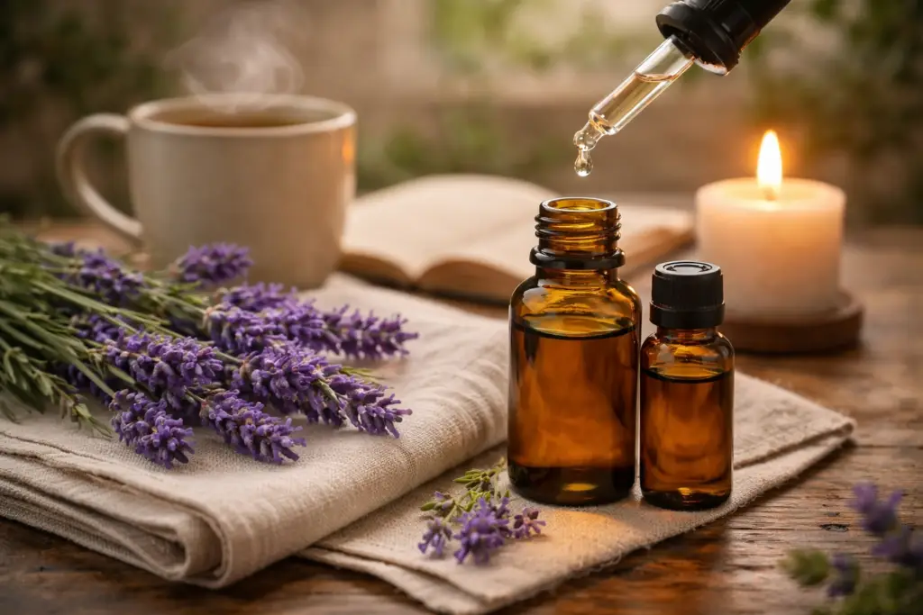 frasco de óleo essencial de lavanda com conta-gotas, flores de lavanda e vela acesa em ambiente acolhedor