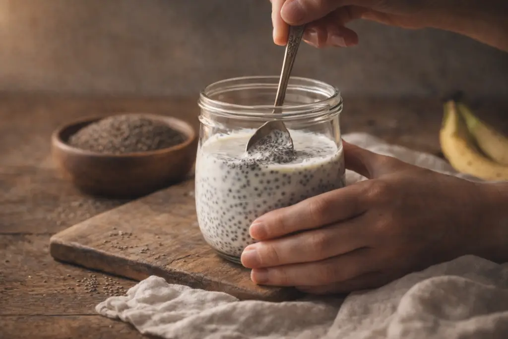 preparo do pudim de chia sendo misturado com leite vegetal em pote de vidro