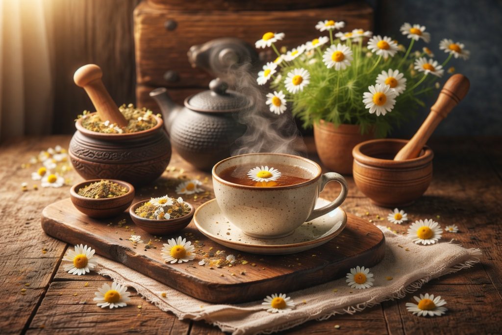 Chá de camomila fumegante em mesa rústica com flores naturais e luz suave