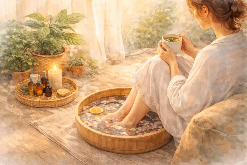 Rotina de autocuidado: ritual de autocuidado com escalda-pés, chá quente, óleos essenciais e plantas em ambiente acolhedor