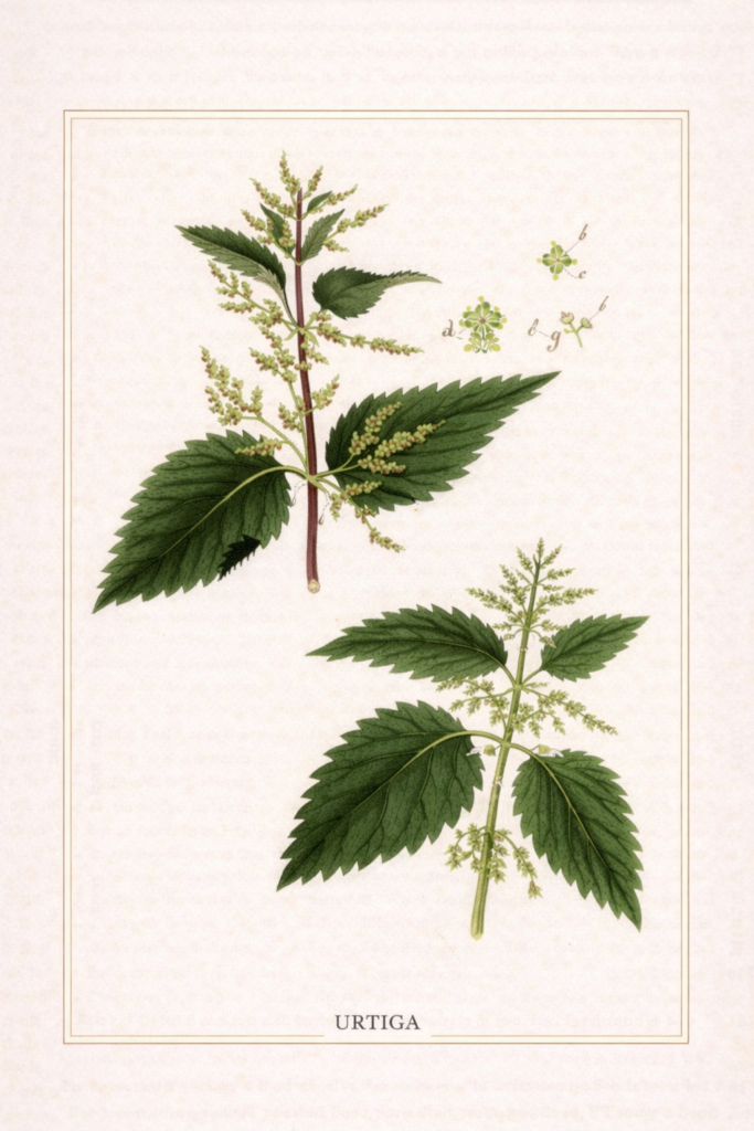 Ilustração botânica histórica da Urtica dioica, mostrando exemplares masculino e feminino, publicada na obra Flora Batava no início do século XIX.