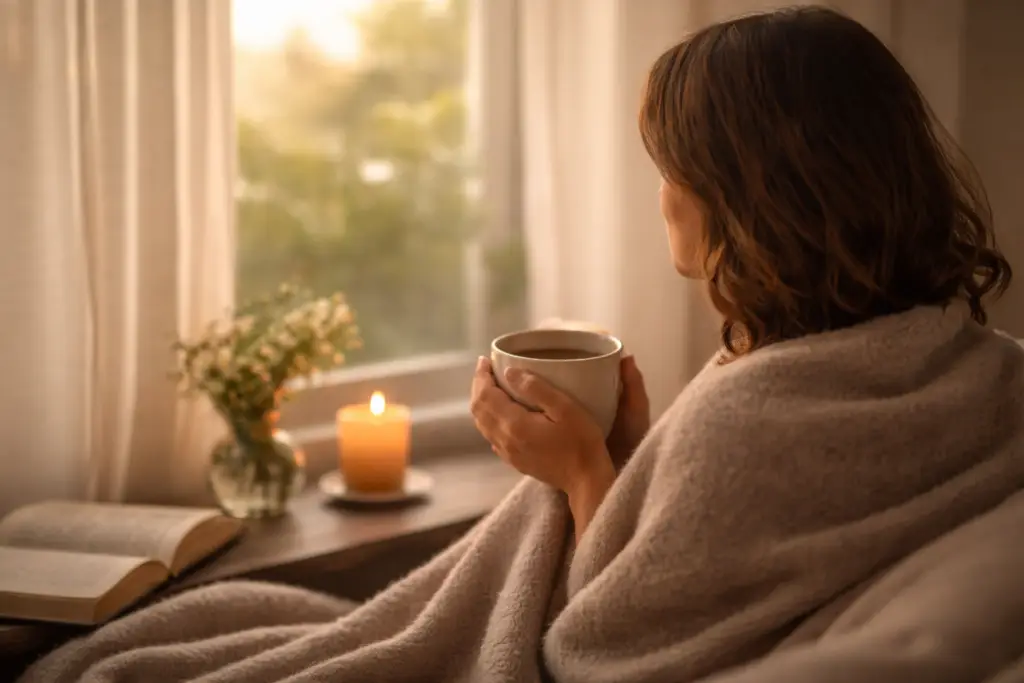 Pessoa envolta em manta tomando chá próximo à janela com luz suave, representando autocuidado e redução do estresse