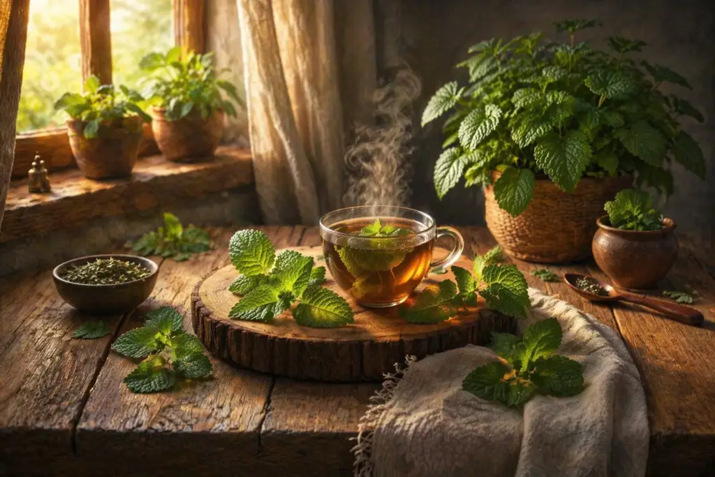 Chá de melissa em xícara com vapor sobre mesa rústica com folhas frescas e luz natural