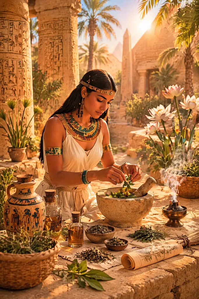 rituais do Egito Antigo com plantas medicinais em ambiente natural iluminado