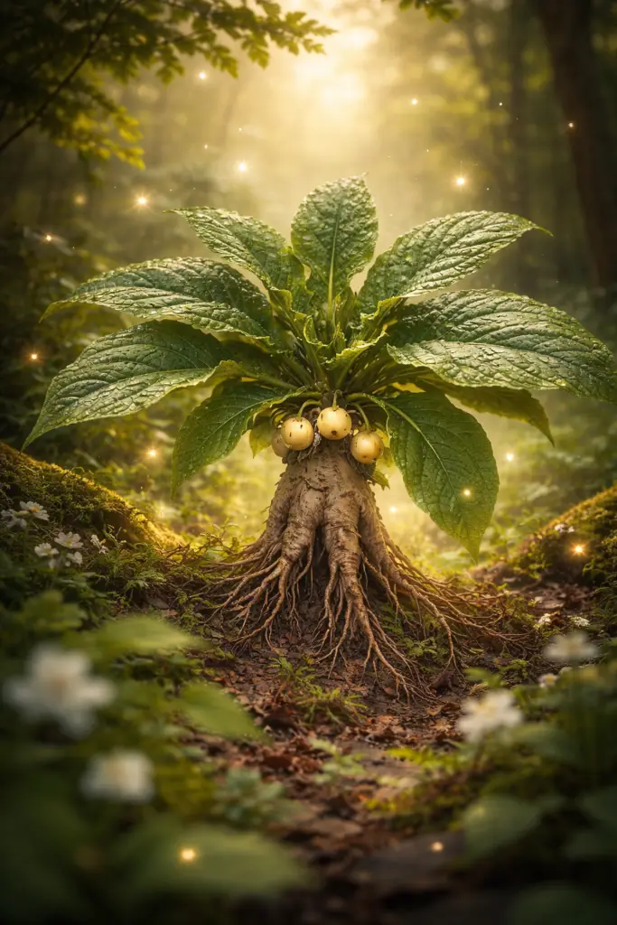 Mandrágora emergindo da terra com luz suave e ambiente natural ao entardecer