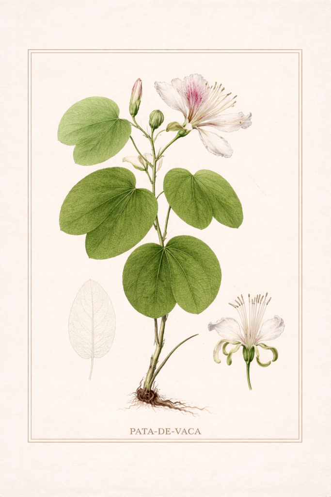 Ilustração botânica histórica de Bauhinia, gênero conhecido como pata-de-vaca, registrada no Brasil no século XVIII.