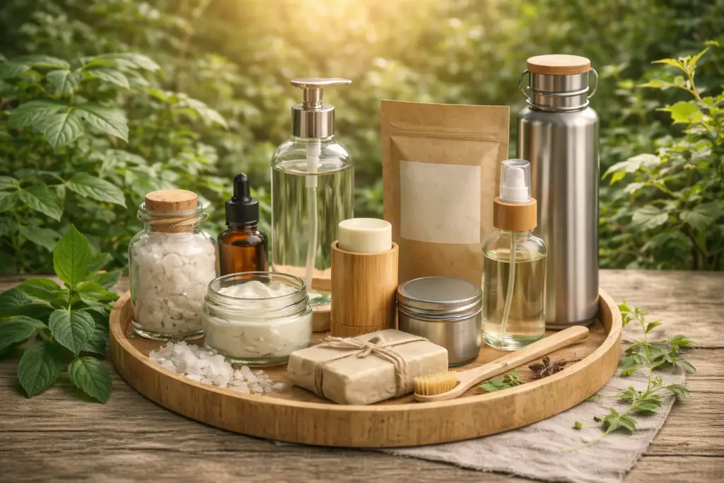 Produtos ecológicos organizados em bandeja com itens reutilizáveis e naturais em ambiente com plantas