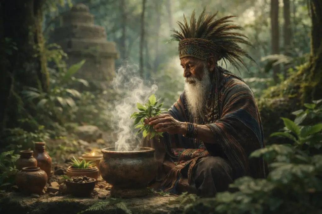 Ritual de cura maia com plantas medicinais na floresta