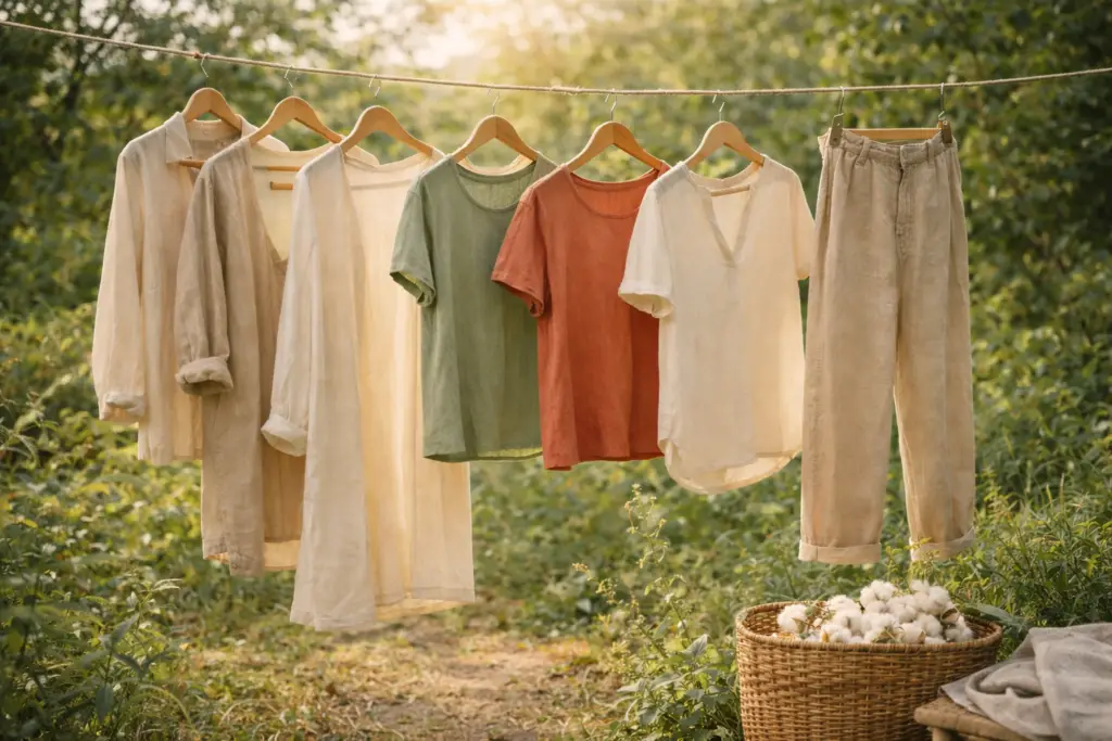 Moda ecológica com roupas sustentáveis em contato com a natureza