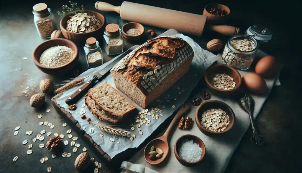 Pão funcional de aveia caseiro sobre tábua rústica com grãos e sementes