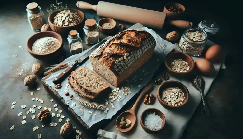 Pão funcional de aveia caseiro sobre tábua rústica com grãos e sementes