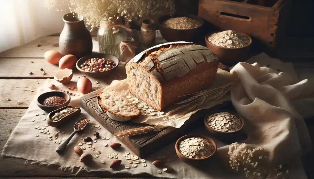 Ingredientes naturais organizados para preparo de pão funcional de aveia