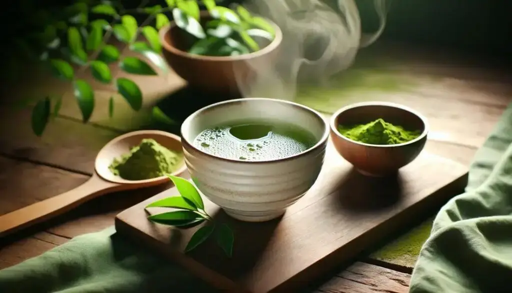 Xícara de chá verde fumegante com folhas de Camellia sinensis sobre mesa de madeira em ambiente natural