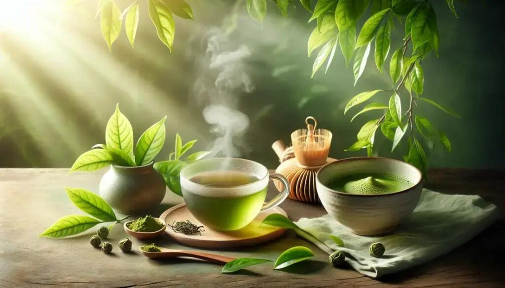 Tigela de chá verde com pó de matcha e folhas ao redor em ambiente calmo e iluminado