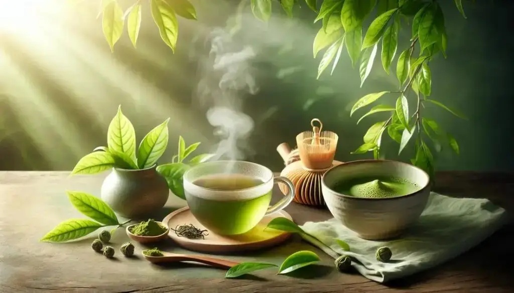 Chá Verde: benefícios, preparo e como usar como estimulante natural | Benverde Tigela de chá verde com pó de matcha e folhas ao redor em ambiente calmo e iluminado