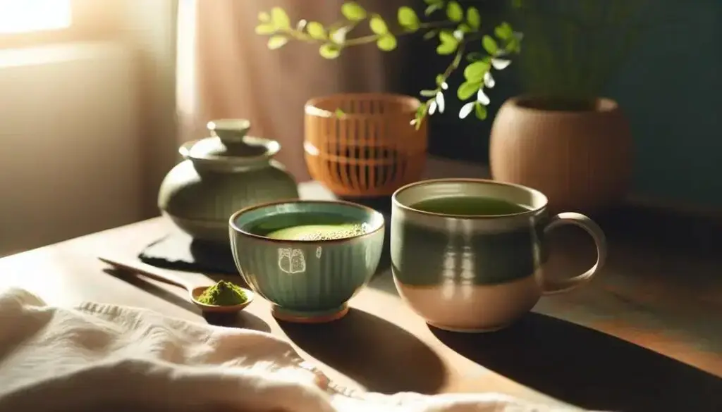 Chá Verde: benefícios, preparo e como usar como estimulante natural | Benverde Duas xícaras de chá verde sobre mesa iluminada pelo sol, criando atmosfera de tranquilidade