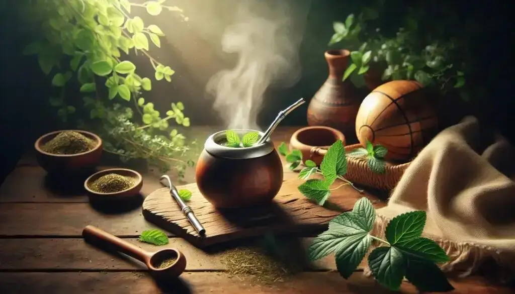 Cuia com chá-mate e bomba, preparada com folhas de erva-mate (Ilex paraguariensis)