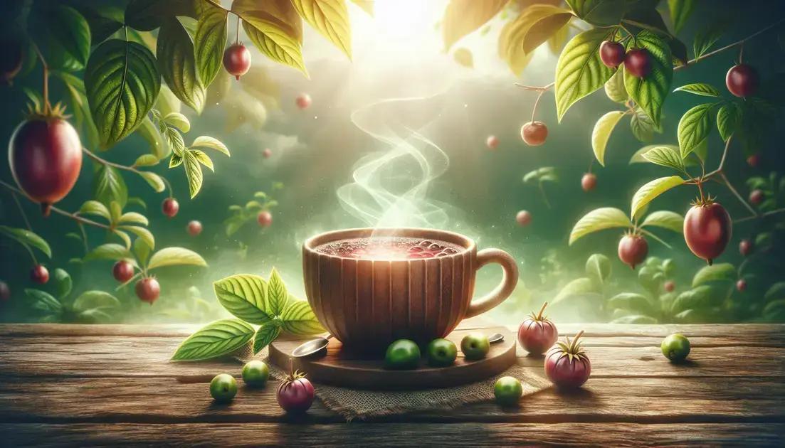 Xícara de chá de guaraná fumegante rodeada por frutos de Paullinia cupana em ambiente natural