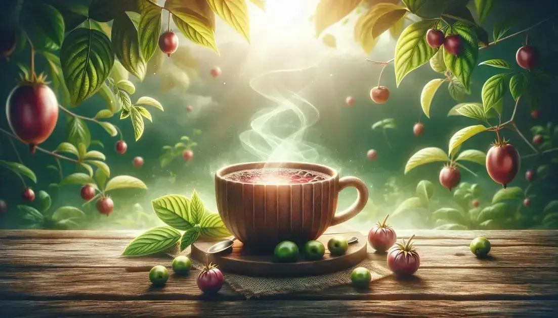 Xícara de chá de guaraná fumegante rodeada por frutos de Paullinia cupana em ambiente natural