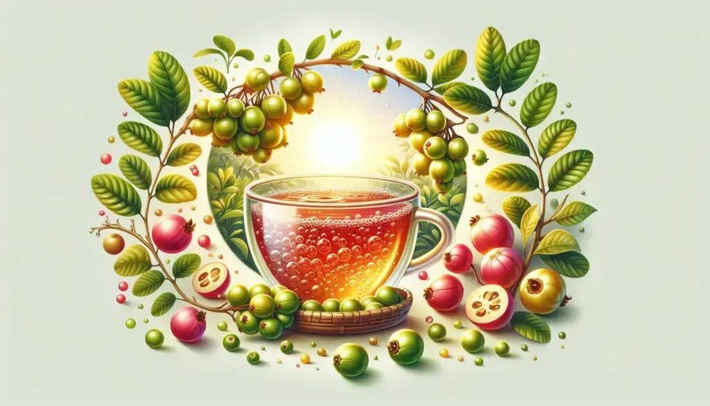 Ilustração de xícara de chá de guaraná com frutos e folhas da Paullinia cupana