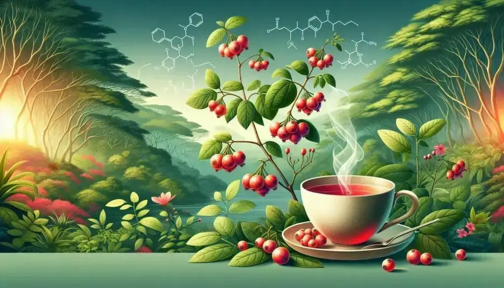 Planta de guaraná com xícara de chá e estruturas químicas ao fundo representando cafeína e polifenóis