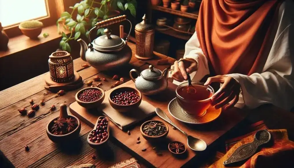 Pessoa preparando chá de guaraná com sementes e especiarias em ambiente acolhedor