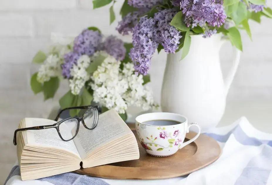 autocuidado para reduzir estresse e ansiedade: xícara de chá ao lado de livro e flores simbolizando relaxamento, pausa consciente e autocuidado
