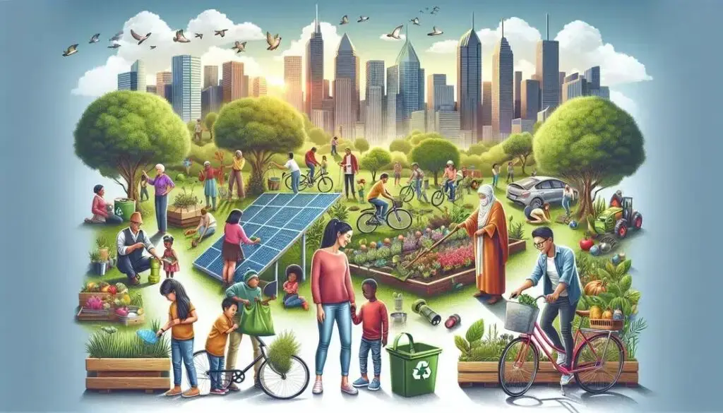 Vida sustentável: comunidade diversa praticando reciclagem, cultivo de alimentos, uso de energia solar e convivência sustentável