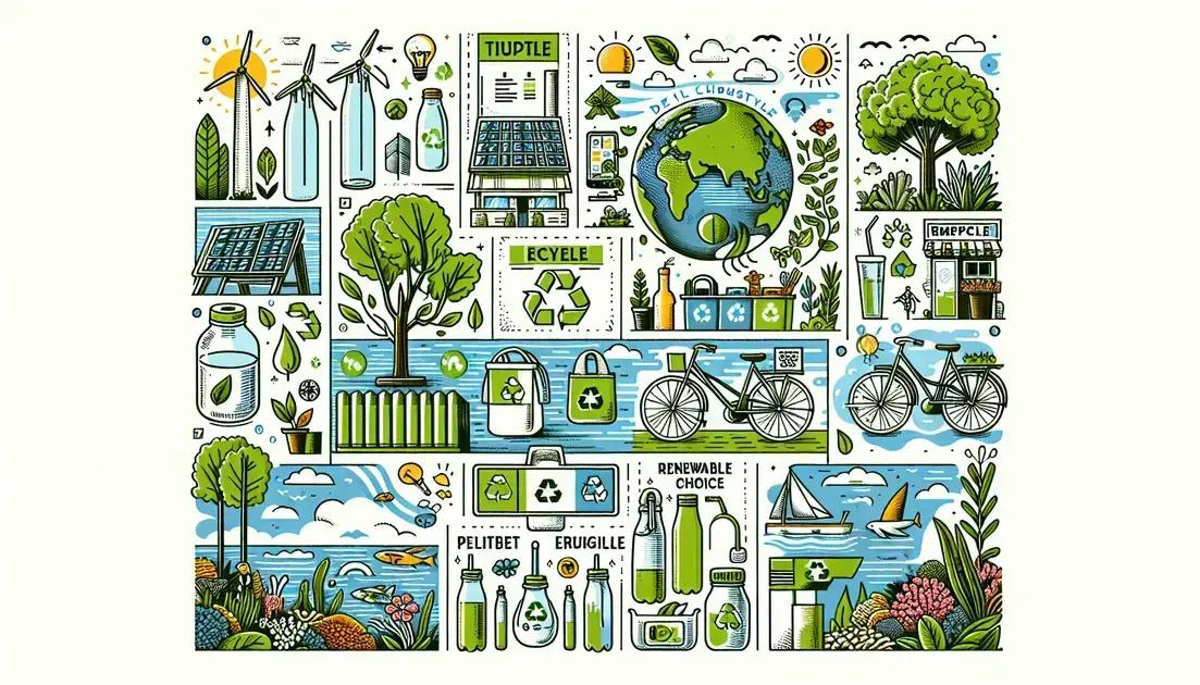 7 escolhas diárias para um estilo de vida sustentável | Benverde Ilustração representando o consumo consciente e escolhas sustentáveis no dia a dia