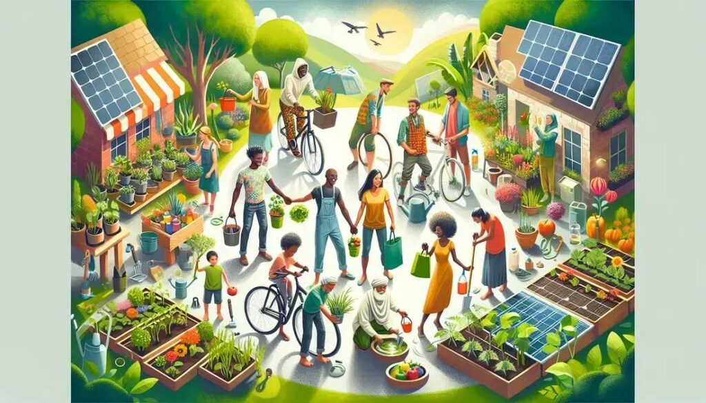7 escolhas diárias para um estilo de vida sustentável | Benverde Vida sustentável: ilustração de cidade sustentável com hortas urbanas, painéis solares, pessoas pedalando e consumo consciente