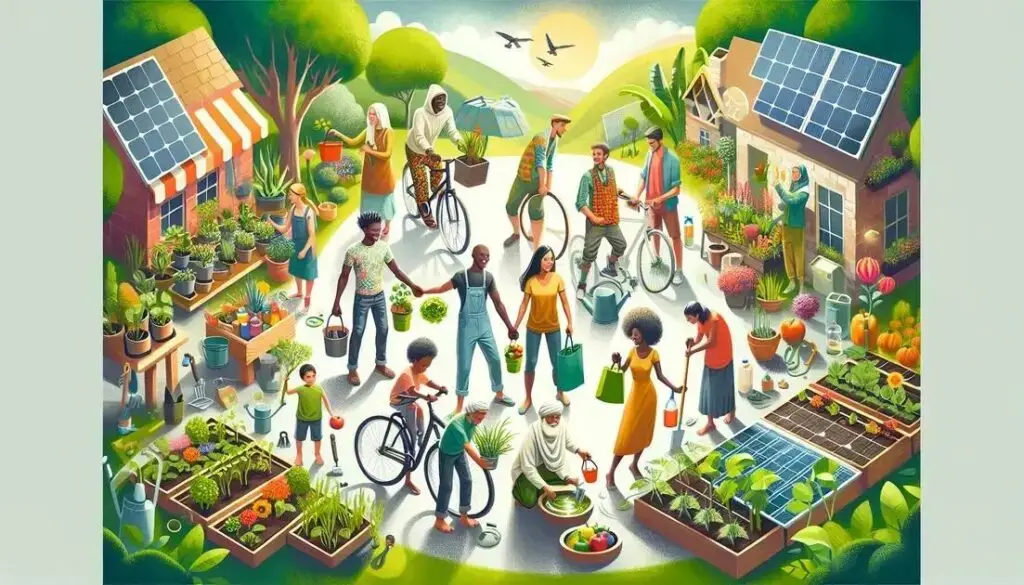 7 escolhas diárias para um estilo de vida sustentável | Benverde Vida sustentável: ilustração de cidade sustentável com hortas urbanas, painéis solares, pessoas pedalando e consumo consciente