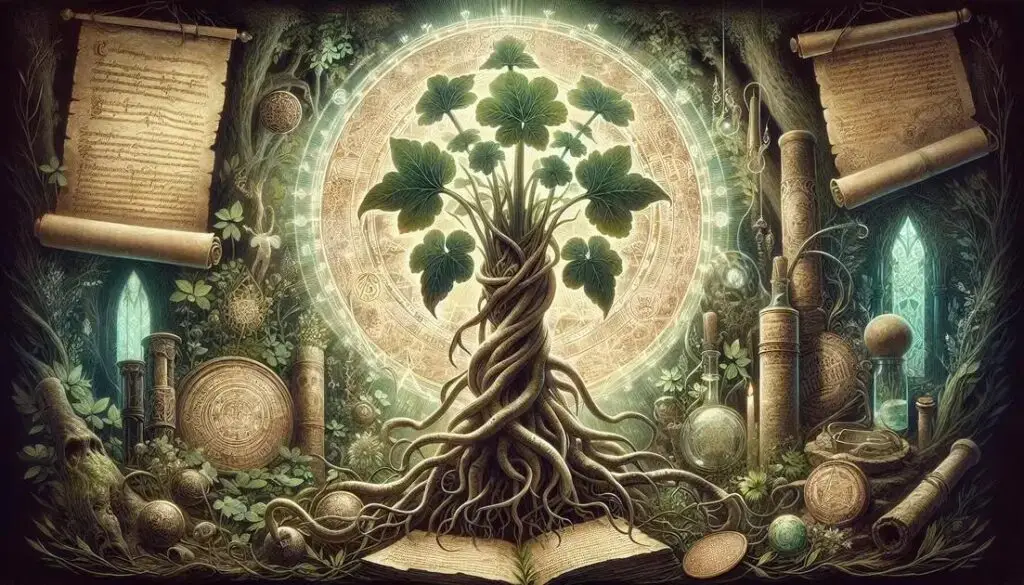 Mandrágora cercada por livros antigos, símbolos alquímicos e círculos mágicos, representando seu uso na tradição esotérica medieval.