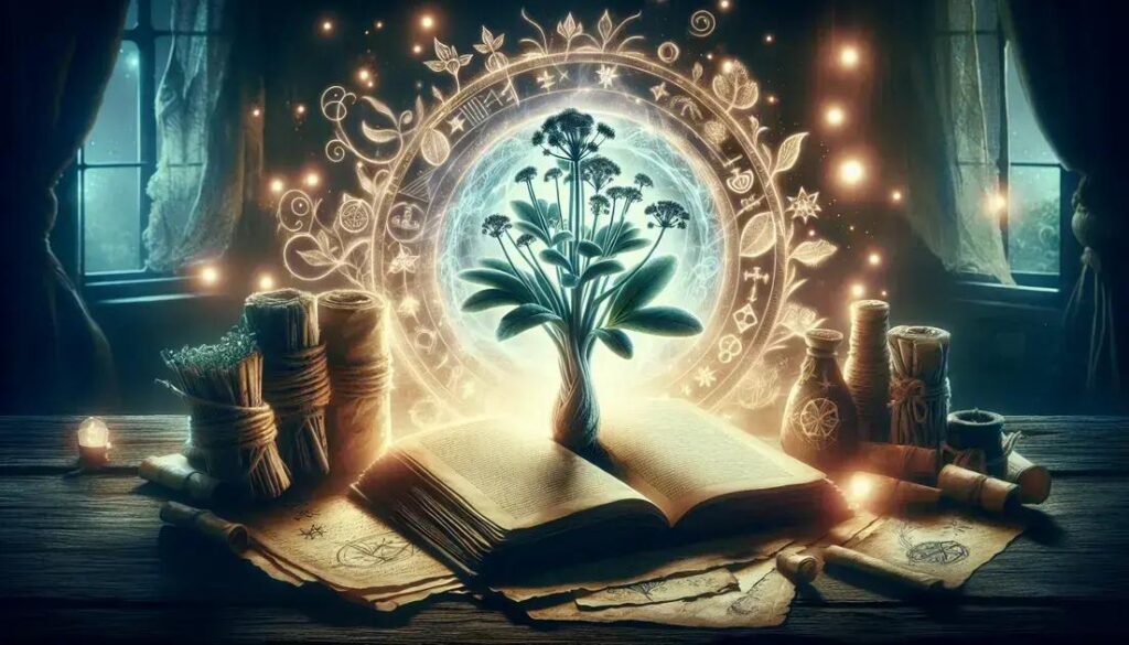 Ilustração da mandrágora surgindo de um livro antigo, simbolizando o saber oculto e o poder ambíguo da planta entre cura e perigo.