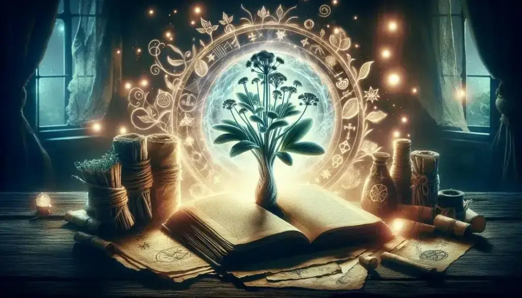 Ilustração da mandrágora surgindo de um livro antigo, simbolizando o saber oculto e o poder ambíguo da planta entre cura e perigo.