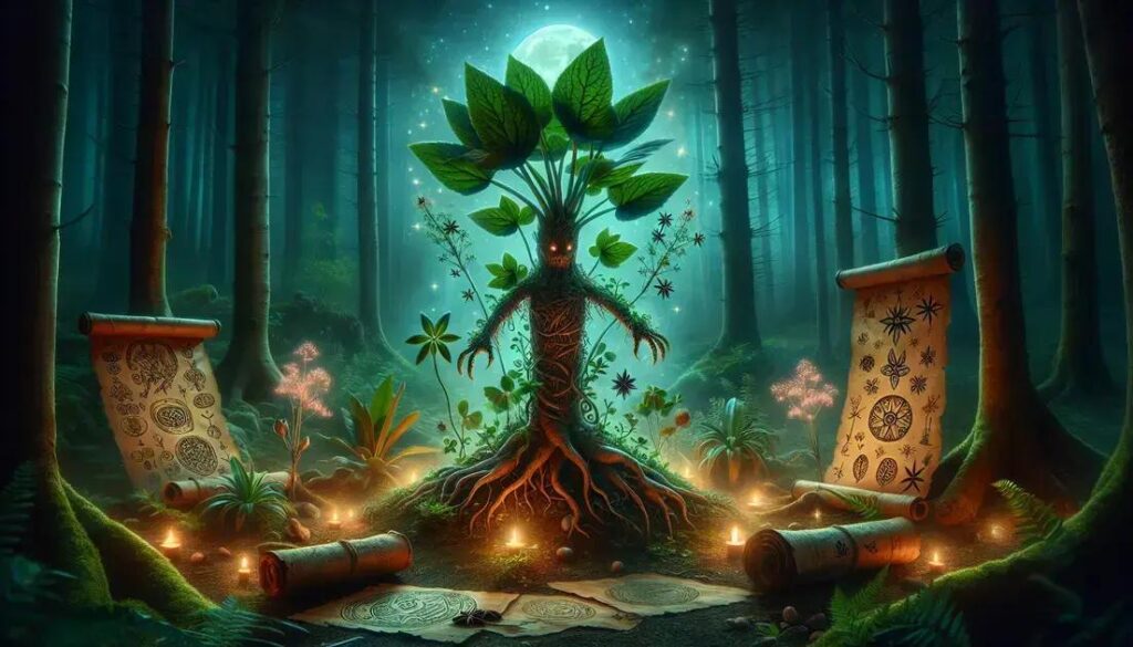 Mandrágora em ambiente florestal à noite, com velas e símbolos, evocando os rituais de colheita e o mito do grito da raiz.